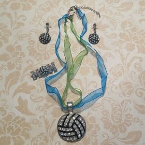 Volleyball necklace earring & MOM pin set blue